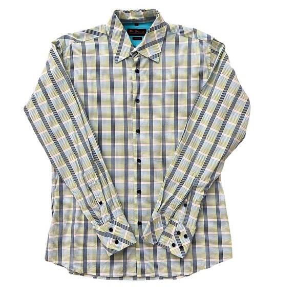Ben Sherman Vintage Y2K Men's Stretch Blue & Green Plaid Button Down Shirt Large - Picture 1 of 6